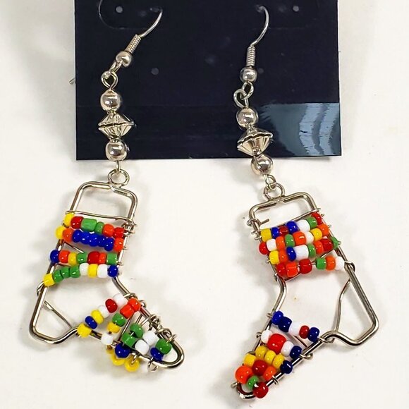 Handmade Colorful Beaded Silver tone Wire Drop Earrings Boho Festival Jewelry - Picture 3 of 7